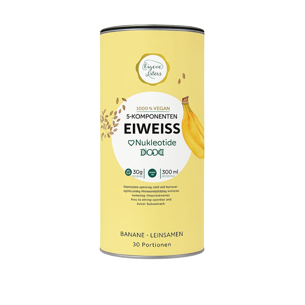 Gelbe Dose mit Aufschrift 'Eiweiss' und Banane. Text: 100% vegan, 5-Komponenten, Nukleotide. 30g Portionen, 300ml. 'Banane-Leinsamen'.