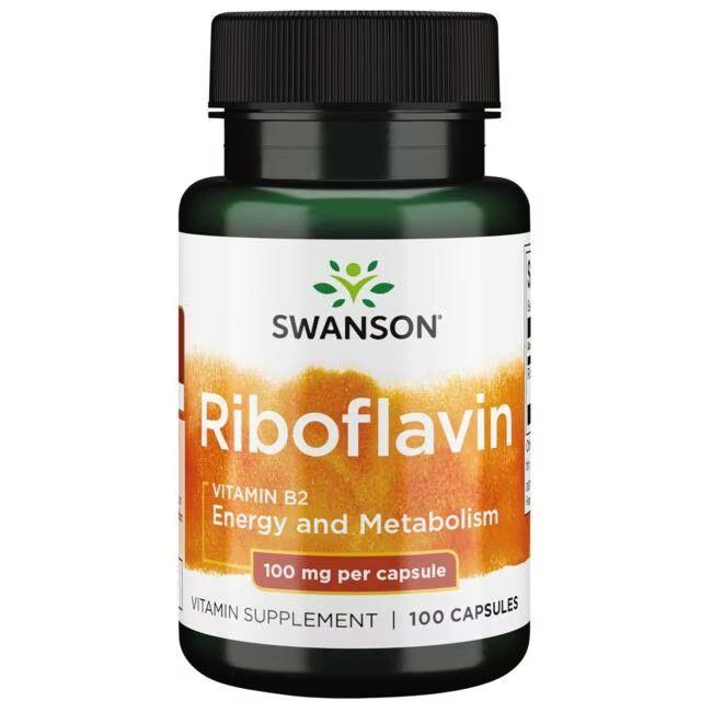 Grüne Flasche mit schwarzen Deckel. Aufschrift: SWANSON Riboflavin Vitamin B2, 100 mg pro Kapsel, 100 Kapseln.