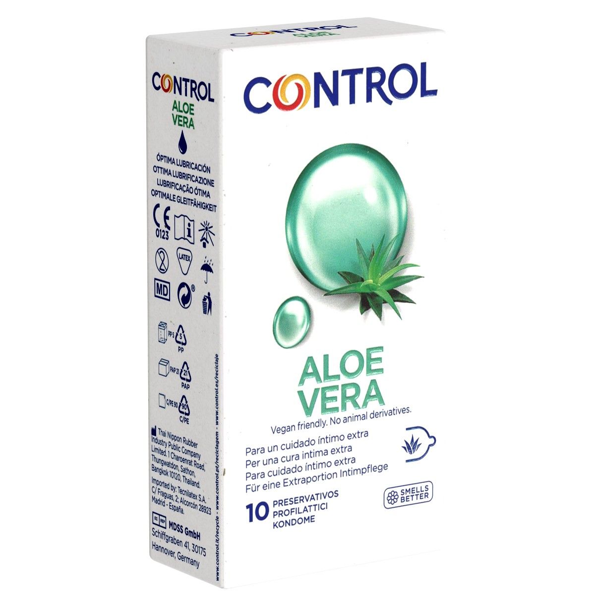 Verpackung mit Kondomen. Aufschrift CONTROL, Aloe Vera. 10 Kondome. Vegan. Mit Aloe Vera-Motiv und Qualitätszeichen.