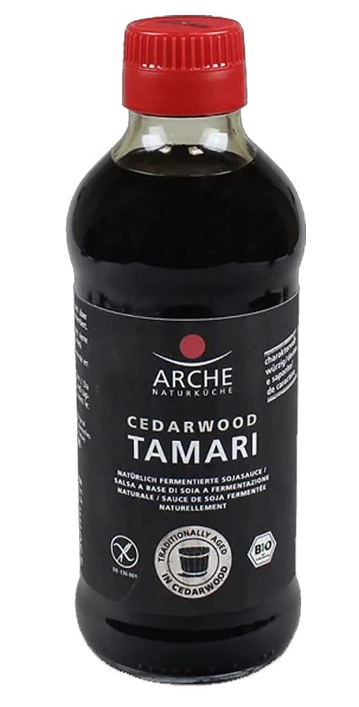 Arche Bio Tamari Cedarwood Flasche mit rotem Deckel, Etikett zeigt 'Traditionally Aged in Cedarwood'.