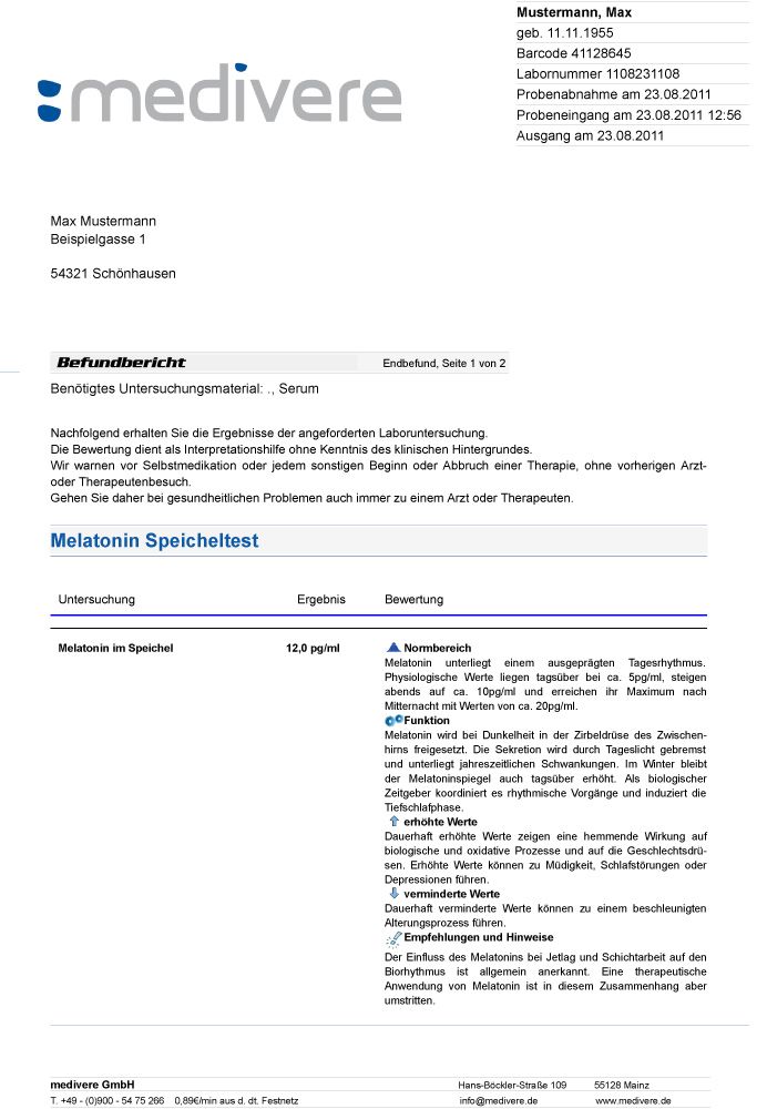 Bericht mit Ergebnissen eines Melatonin-Speicheltests. Enthält Tabellen mit Ergebnissen und Bewertungen. Logo: medivere.
