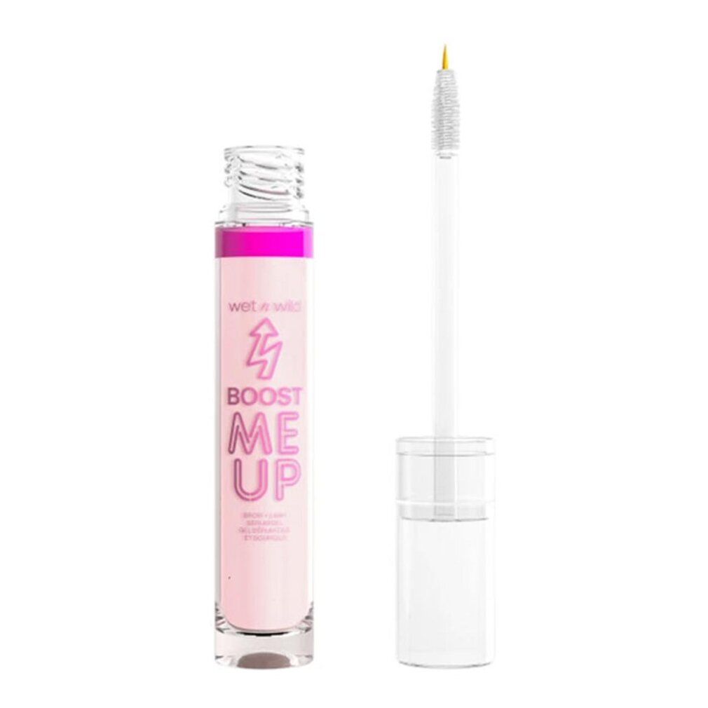 Transparentes Serum mit Bürste. Flasche mit pinkfarbenem Deckel und Schriftzug "BOOST ME UP".