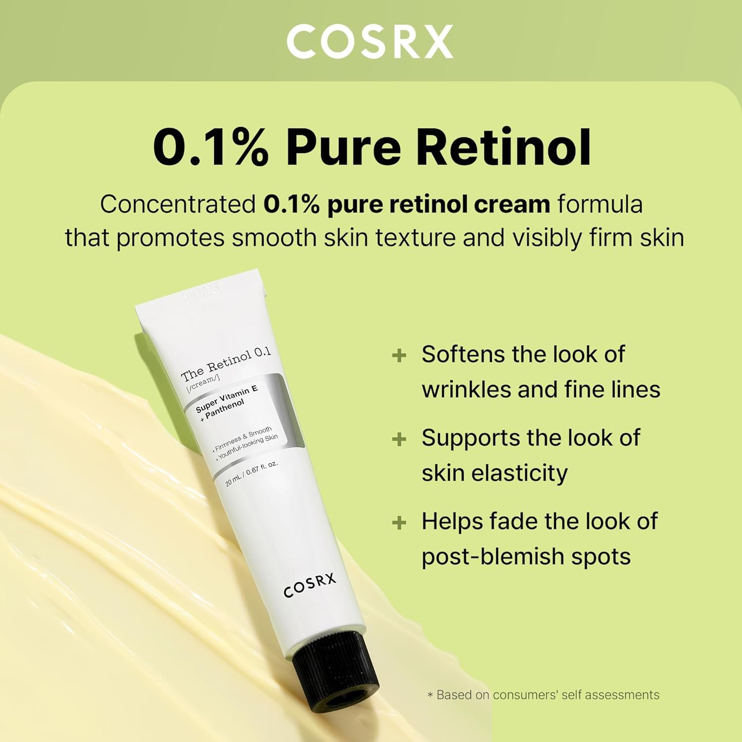 Tube 'The Retinol 0.1 Cream' von COSRX, umgeben von Text über Vorteile wie Faltenreduktion.