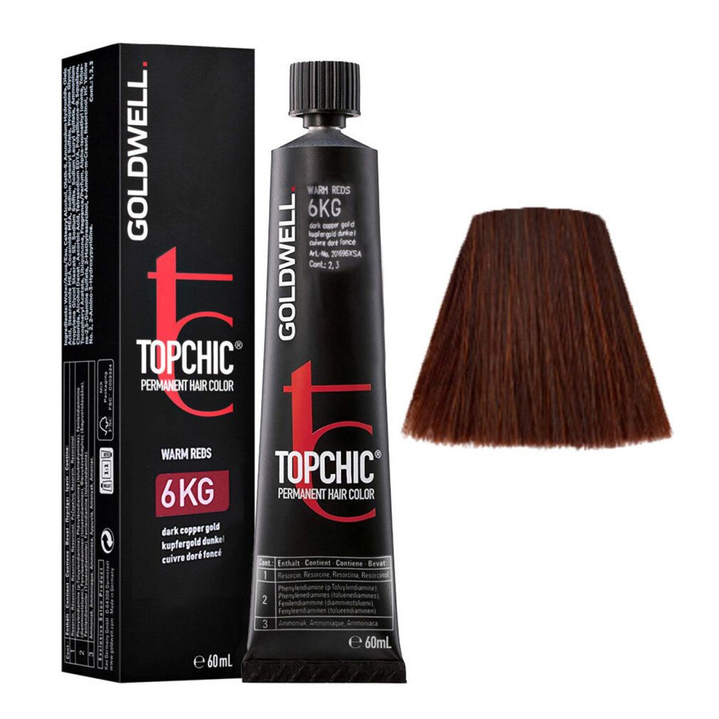 Haarfarben-Packung mit Tube und Farbmuster. Goldwell Topchic, Warm Reds, 6KG. Dunkel kupfergold.