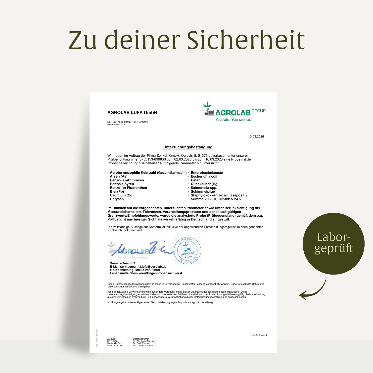 Laborprüfungszertifikat für Salbei Extrakt Wechseljahre Meno Pause, bestätigt durch AGROLAB.