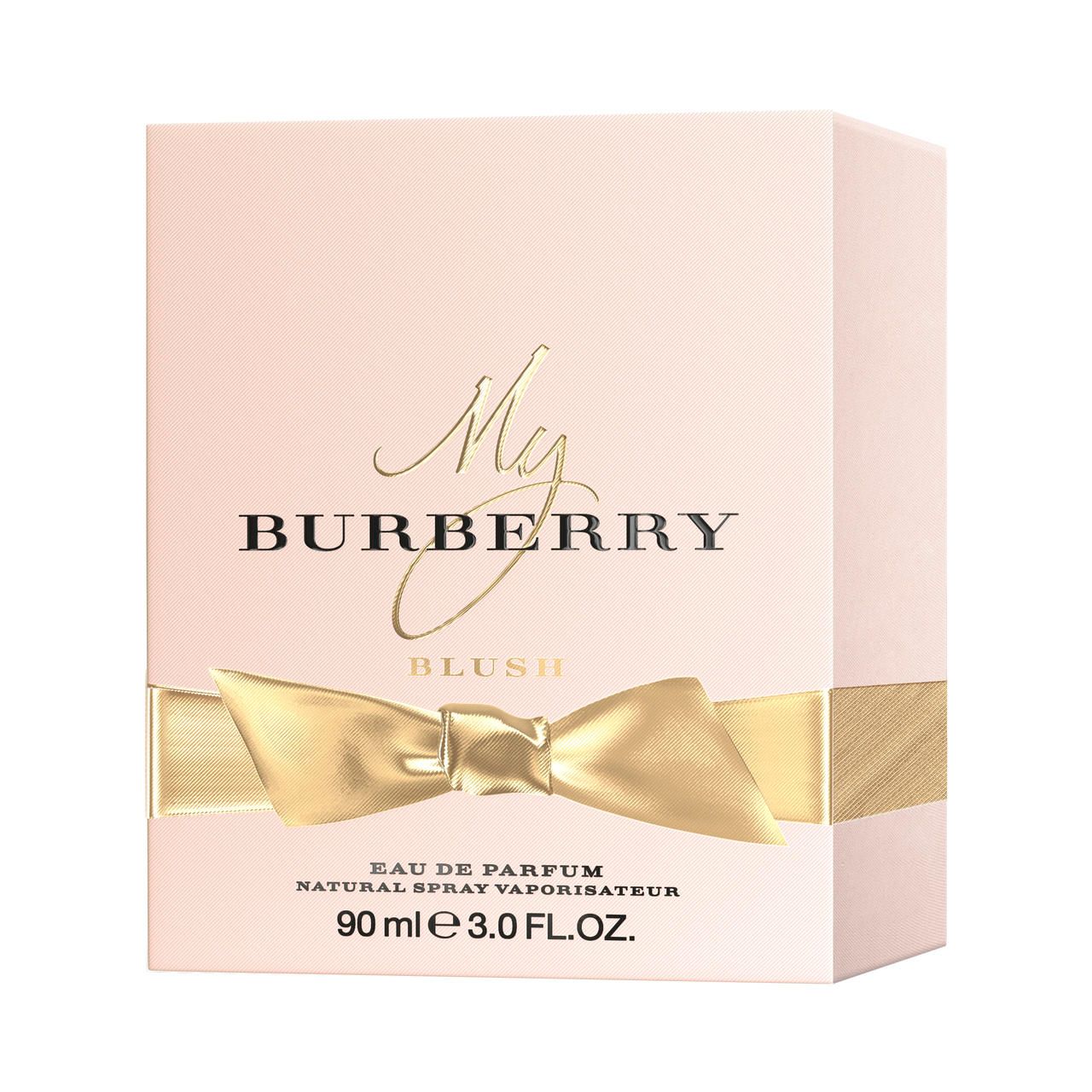 Rosa Schachtel mit goldener Schleife und Aufschrift My Burberry Blush. Eau de Parfum, 90 ml.