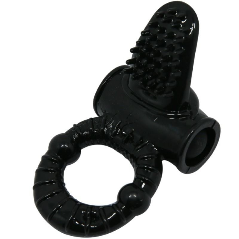 Schwarzer Penisring mit Klitorisstimulator. Ringförmige Basis mit Details. Stimulator mit erhabenen Punkten.