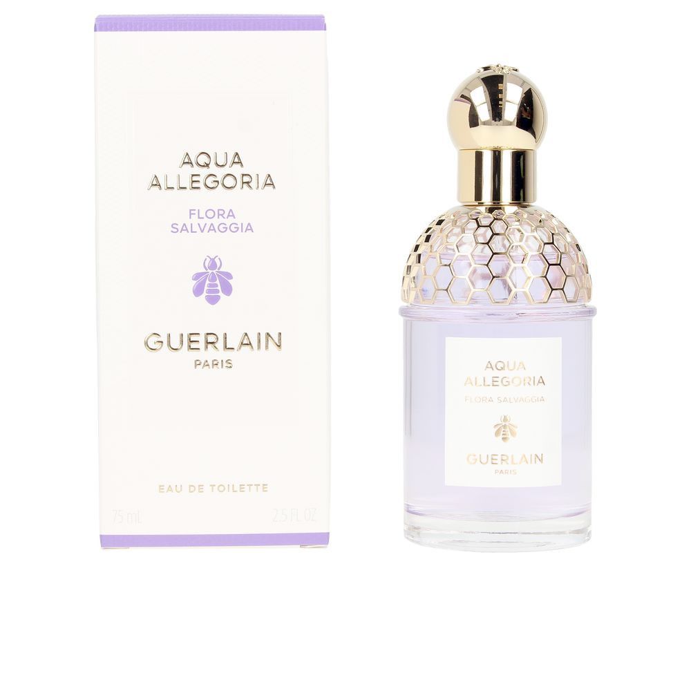 Guerlain Flora Salvaggia Eau de Toilette. Flakon und Verpackung. Weißer Karton, lila Akzente. Goldener Verschluss.