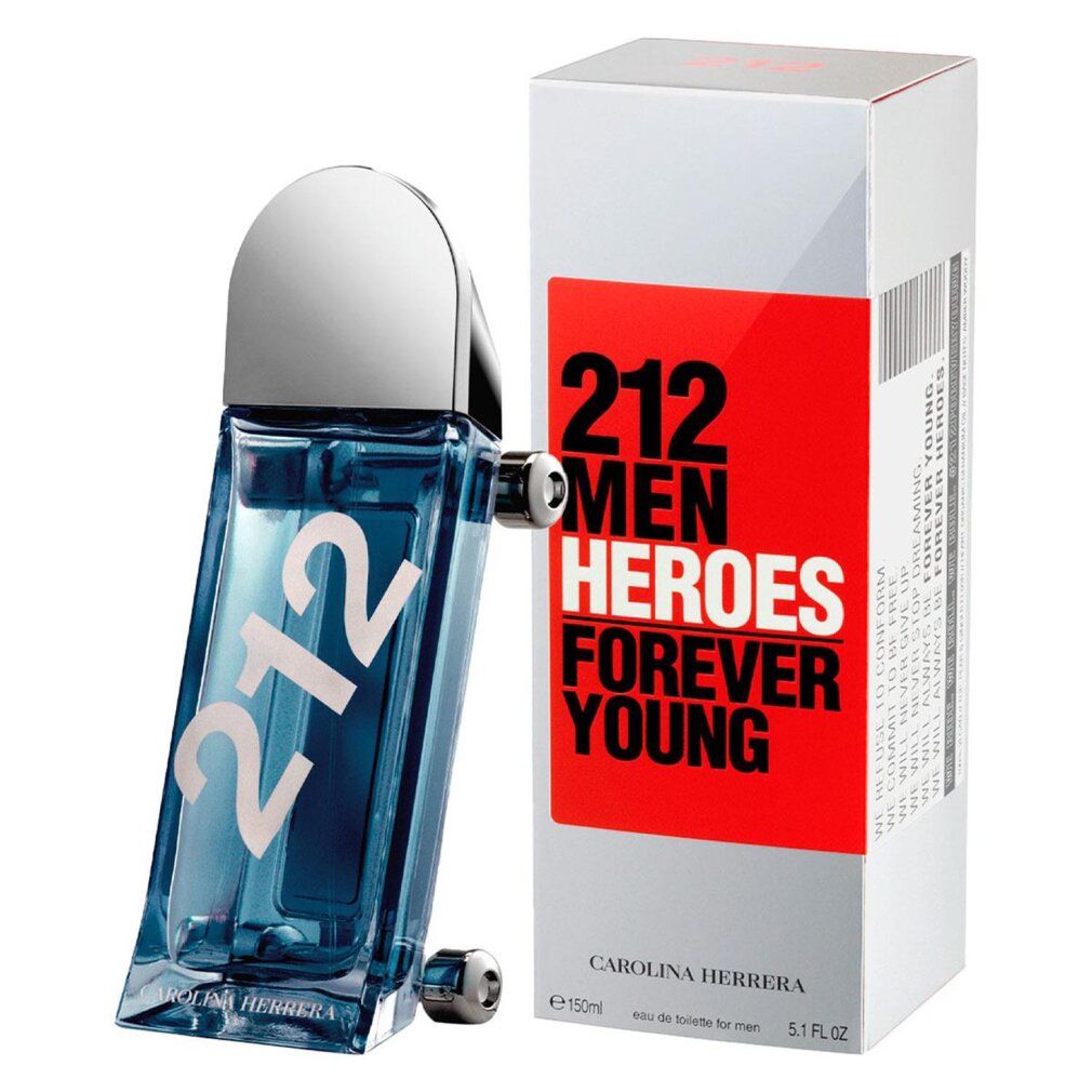 Blauer Flakon mit silberner Kappe, daneben Verpackung. Aufschrift: "212 MEN HEROES FOREVER YOUNG".