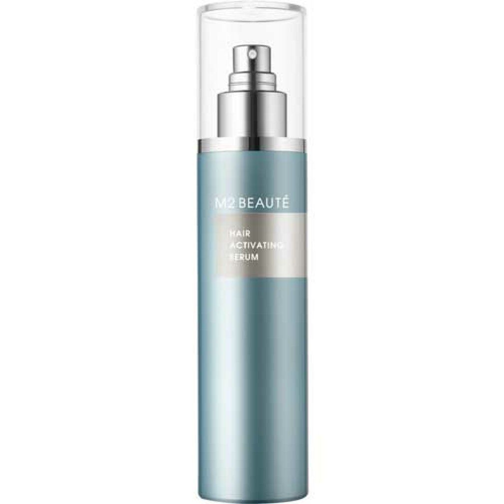 M2 Beauté Hair Activating Serum in blauem Flakon mit Sprühkopf.