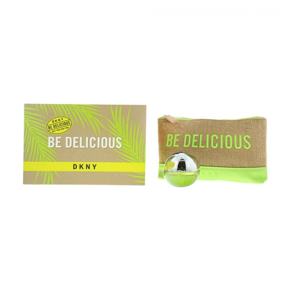 DKNY Be Delicious Geschenkset mit Eau de Parfum und Pouch. Die Pouch ist aus Jute mit grüner Schrift.