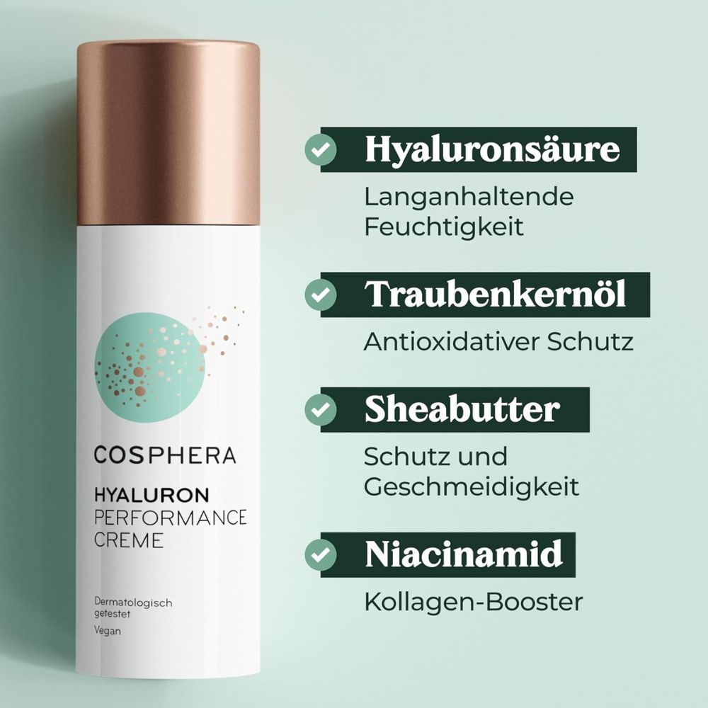 Cosphera Hyaluron Performance Creme. Inhaltsstoffe: Hyaluronsäure, Traubenkernöl, Sheabutter, Niacinamid. Weiße Tube mit kupferfarbenem Deckel.