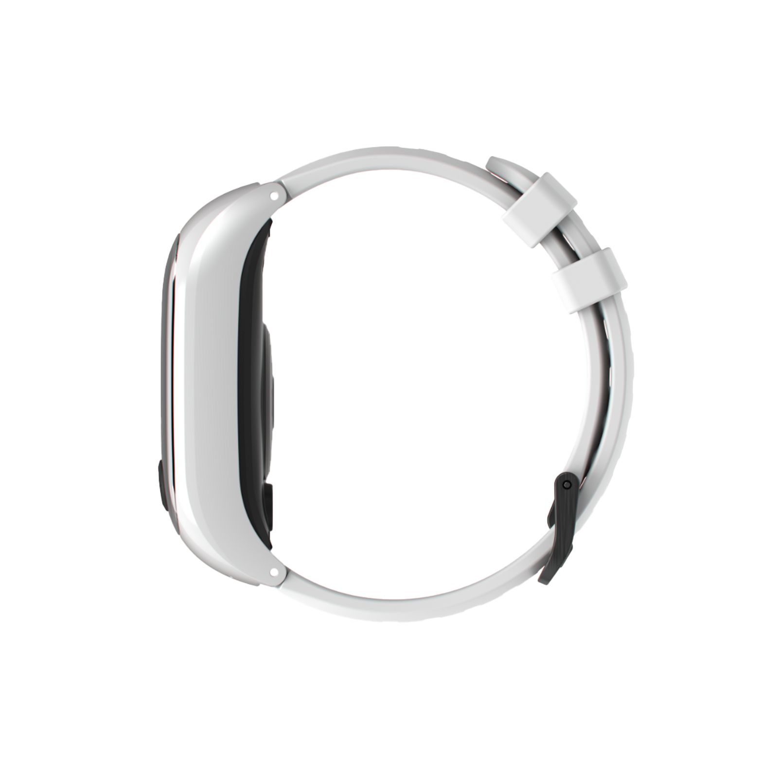 Seitenansicht einer weißen Smartwatch. Zeigt das Gehäuse und das Armband.