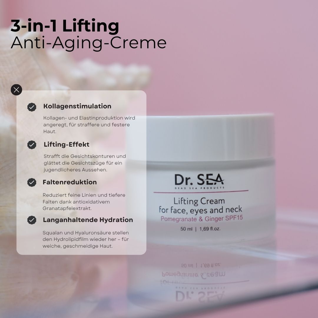 Creme-Tiegel mit Text. Aufschrift: Dr. SEA, Lifting Cream, für Gesicht, Augen und Hals. Granatapfel & Ingwer SPF15.