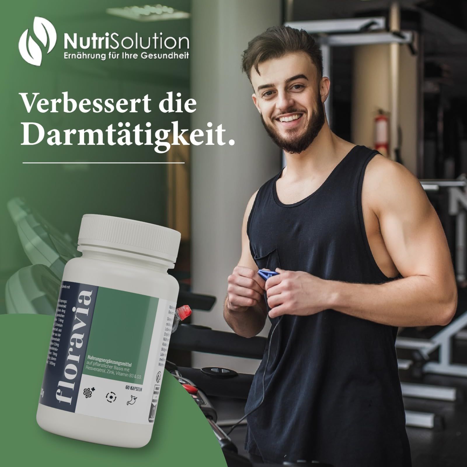 NutriSolution Floravia Kapseln in einer Fitnessumgebung. Mann im Hintergrund, Flasche im Vordergrund.