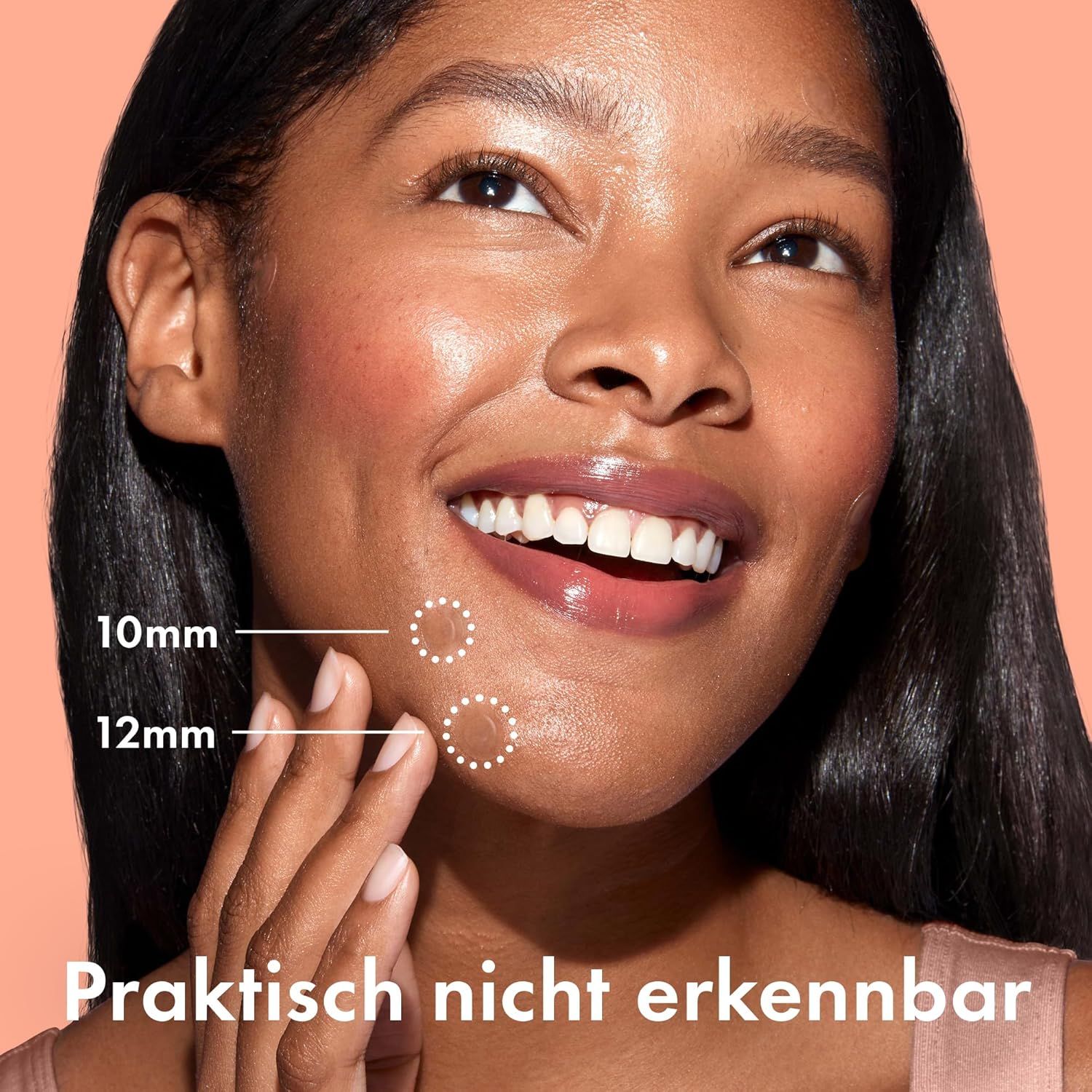 Gesicht einer Frau mit eingezeichneten Kreisen. Größenangaben: 10mm, 12mm. Text: Praktisch nicht erkennbar.
