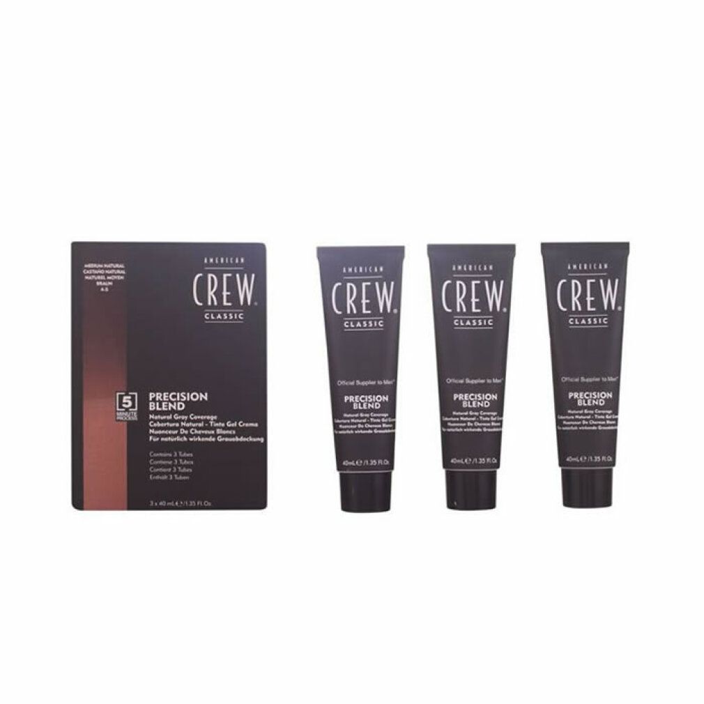 American Crew Precision Blend 4 5. Set mit Schachtel und drei Tuben. Schwarze Verpackung mit Produktnamen und Details. Tuben mit Produktnamen.