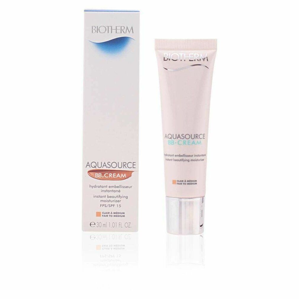 BIOTHERM AQUASOURCE BB CREAM Tube und Verpackung. Farbton Fair to Medium. Produktname, Logo und Inhaltsangaben sichtbar.