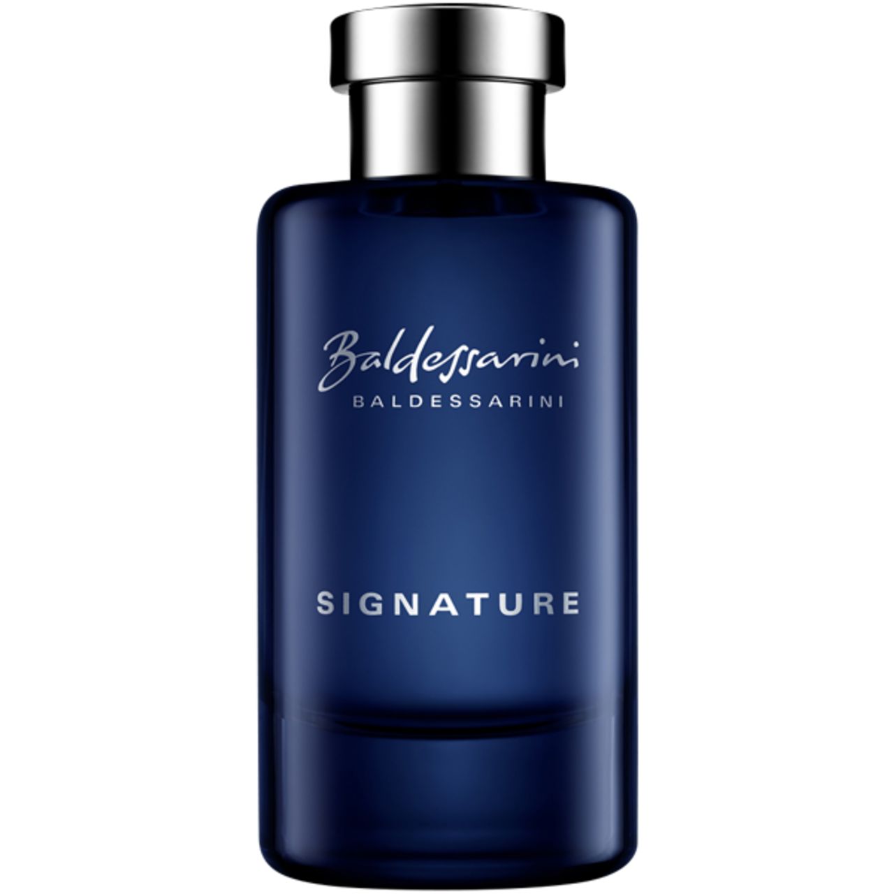 Blauer Flakon mit silbernem Verschluss. Aufschrift: Baldessarini Signature. Flakon rechteckig, abgerundete Ecken.