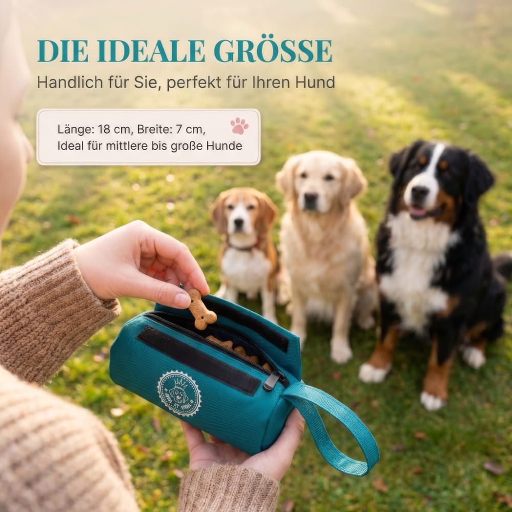 Frau mit Futterbeutel, Hunde im Hintergrund. Text: Länge 18 cm, Breite 7 cm. Ideal für mittelgroße bis große Hunde.