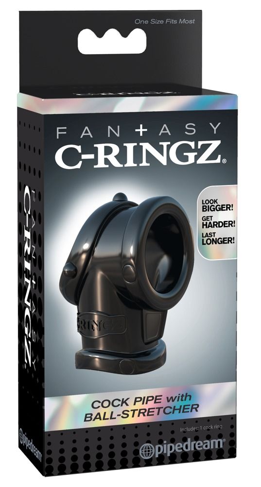 Schwarze Verpackung mit Produktabbildung. Text: FANTASY C-RINGZ, COCK PIPE with BALL-STRETCHER. Marke: pipedream. Enthält 1 Cock Ring.