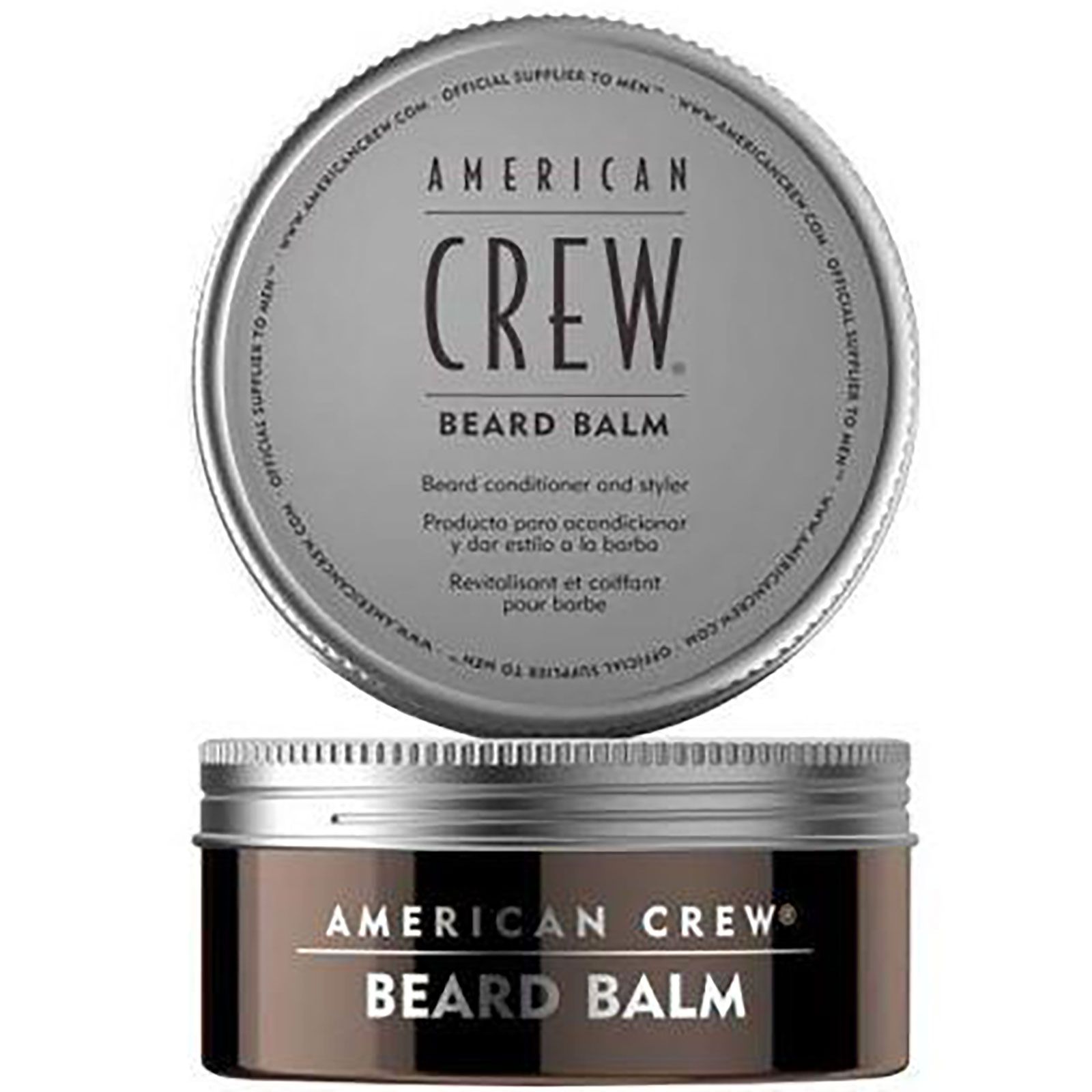 American Crew Bartbalsam Dose und Deckel, mit Text auf dem Deckel.