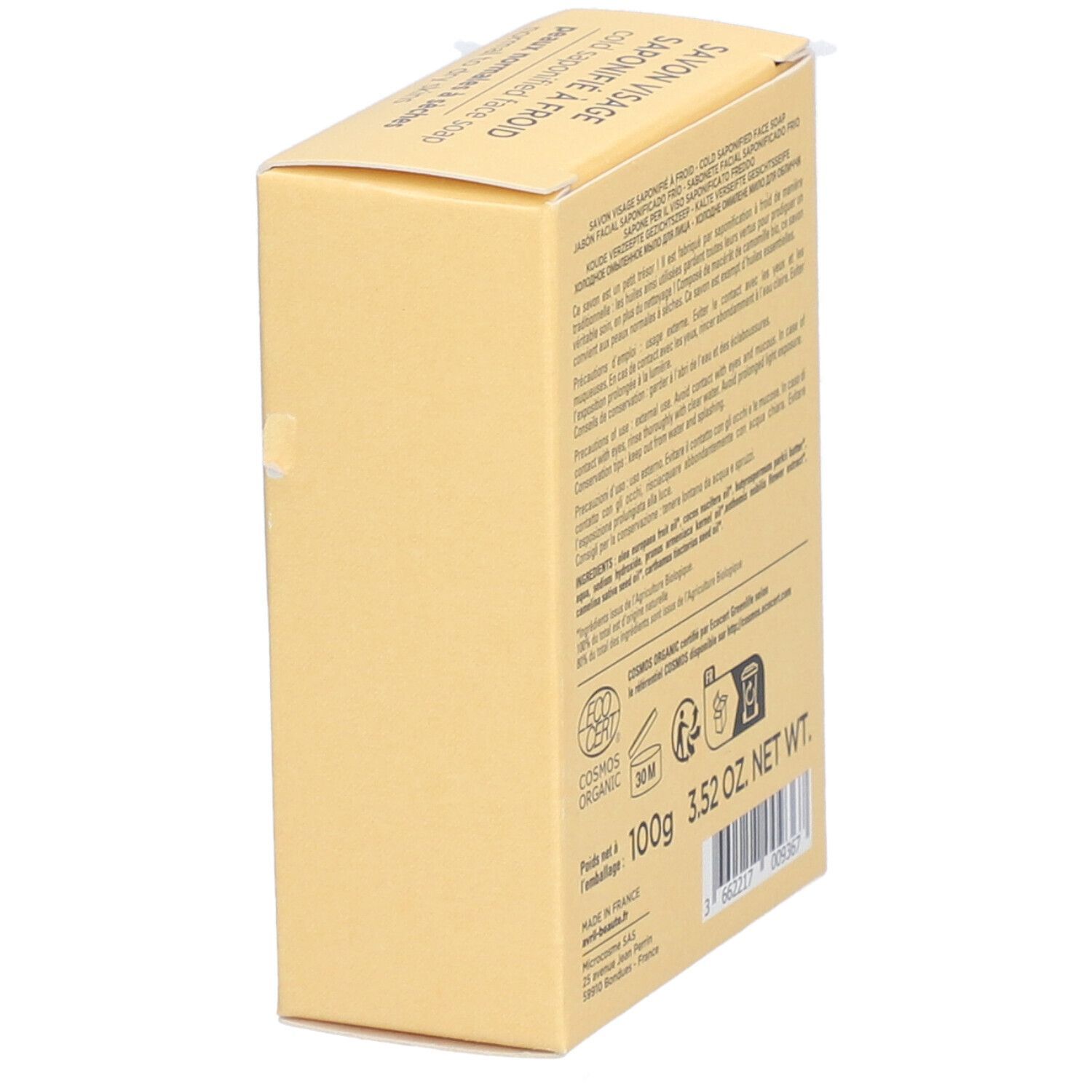 Beige Kartonverpackung. Aufschrift: avril, Savon Visage, Saponifié à Froid, Cold Saponified Face Soap, Peaux normales à sèches, Certifié Bio.