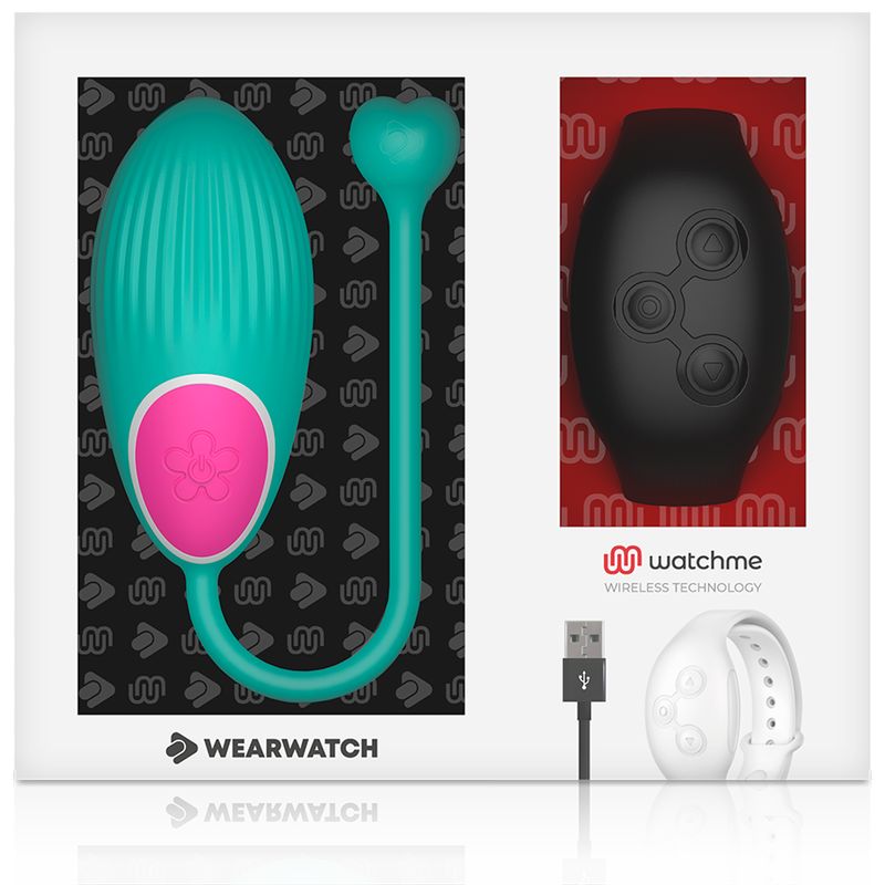 Verpackung des Wearwatch mit türkisem Vibro-Ei, schwarzem Controller und Ladekabel.