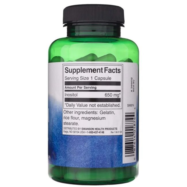 Rückseite einer grünen Flasche. Etikett mit "Supplement Facts" und Inhaltsangaben: Inositol 650 mg.