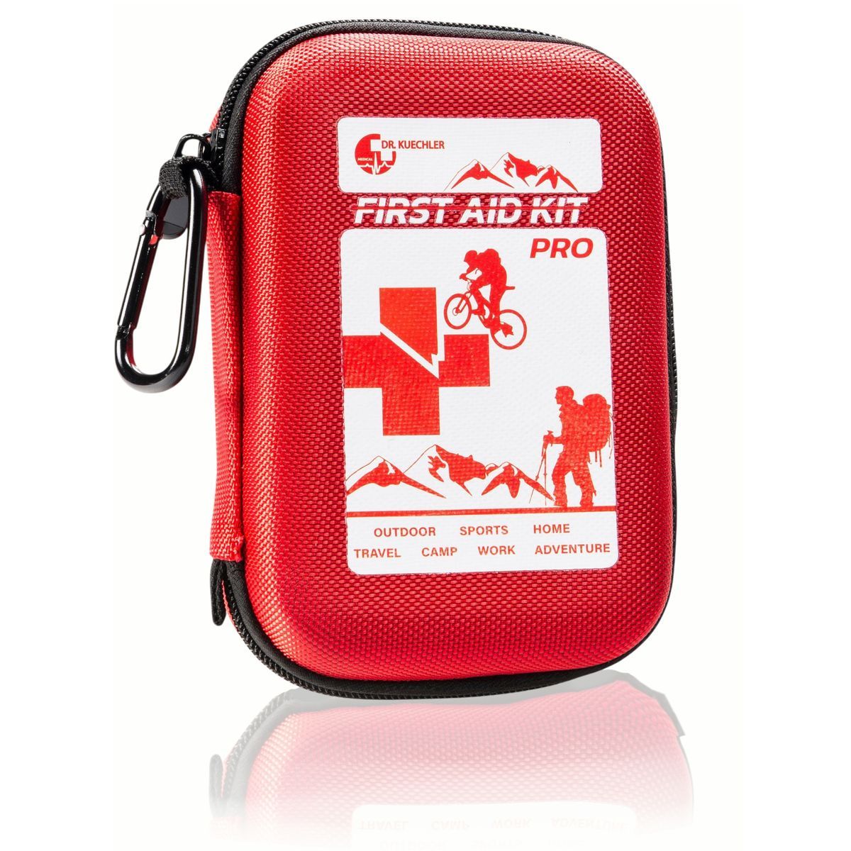 Rotes Erste-Hilfe-Set mit Reißverschluss und Karabinerhaken. Aufdruck: Rotes Kreuz, Bergsteiger, Radfahrer, Text.