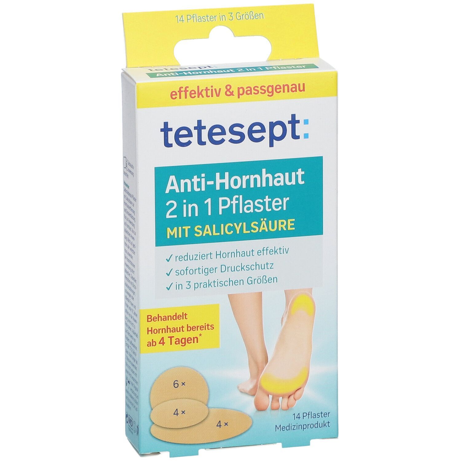 tetesept® Anti-Hornhaut 2 in 1 Pflaster Packung. Zeigt Pflaster und Fuß. Enthält 14 Pflaster in 3 Größen.