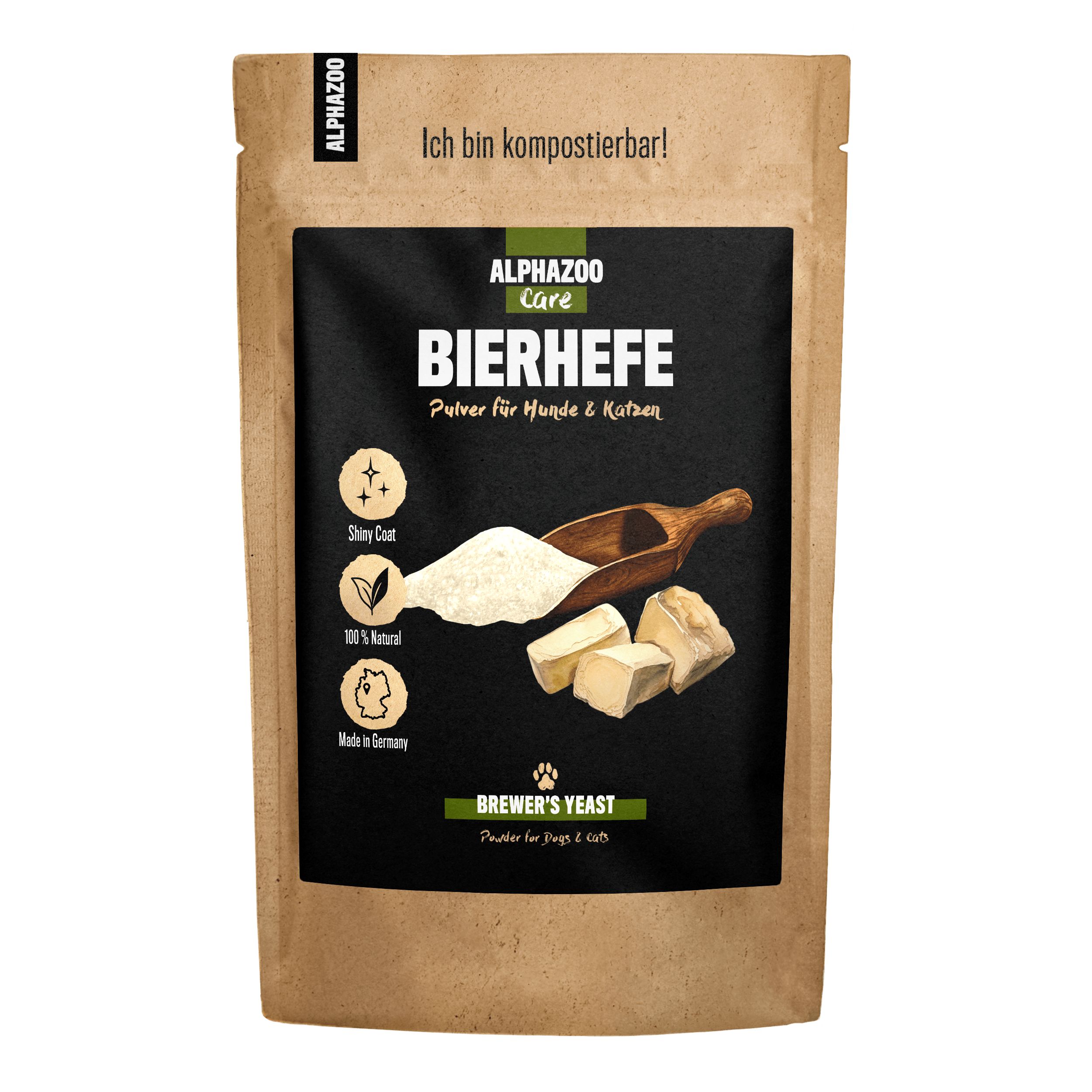 Braune Tüte mit schwarzem Etikett. "ALPHAZOO Care Bierhefe" und Produktabbildung. Holzschaufel, Pulver, Würfel.