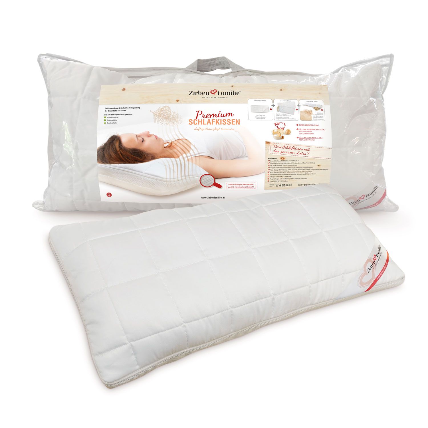 Verpacktes ZirbenSchlafkissen PREMIUM mit detaillierter Produktinformation auf der Vorderseite.