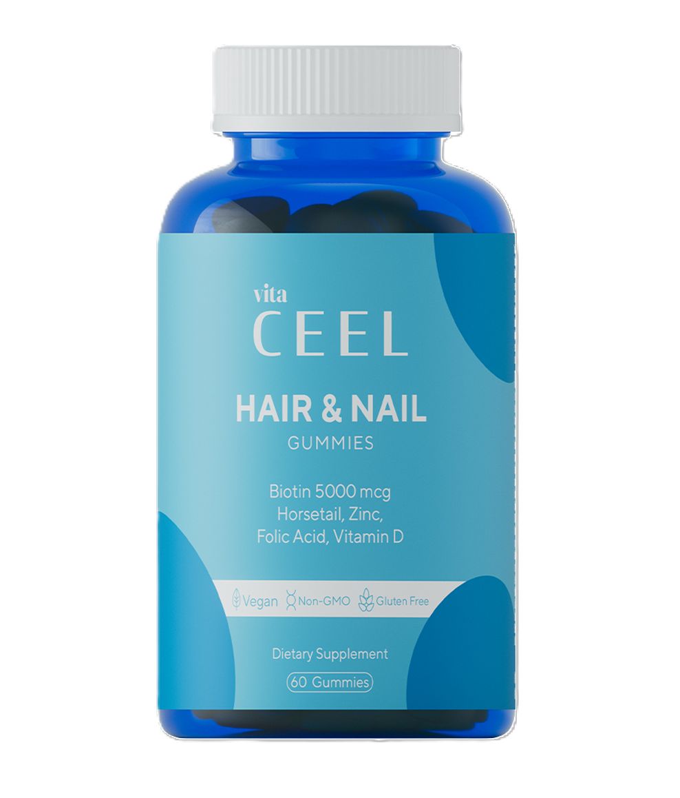 VİTA CEEL Hair & Nail Gummies Flasche mit 60 Gummis. Enthält Biotin, Zink, Folsäure, Vitamin D.