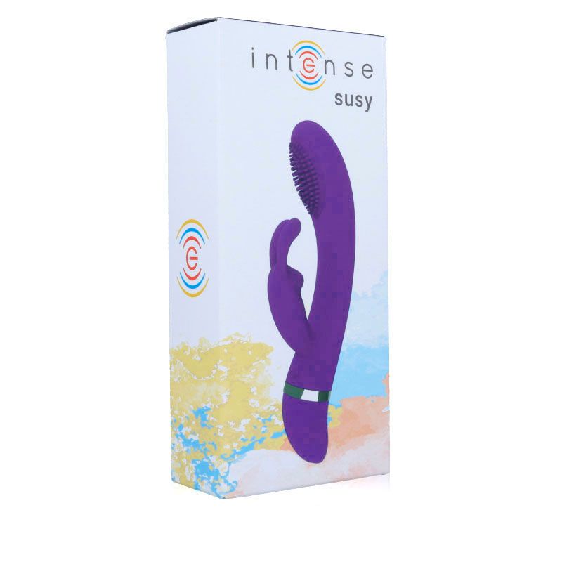 Verpackung für einen lila Kaninchen-Vibrator. Produktabbildung und 'intense susy' Logo auf der Vorderseite.