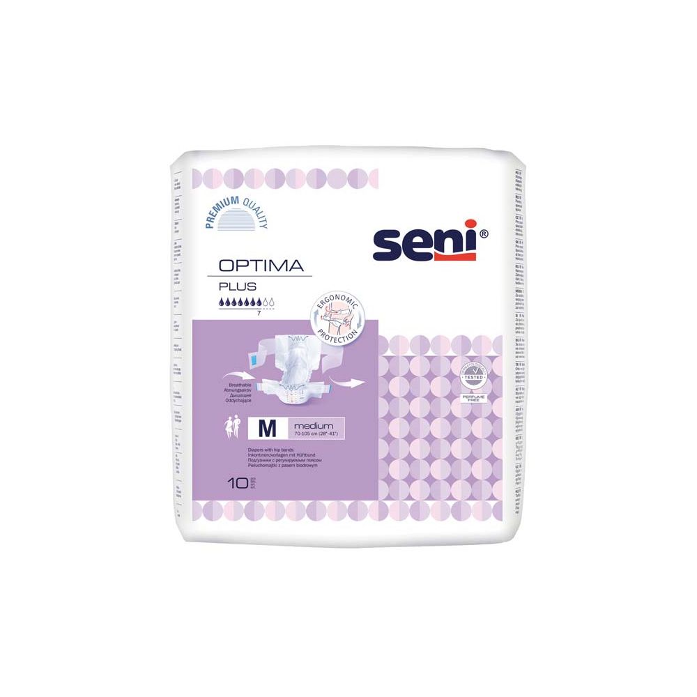 Verpackung eines Inkontinenzprodukts. Produktname und Größe M sind sichtbar. Lila Verpackung mit Logo.