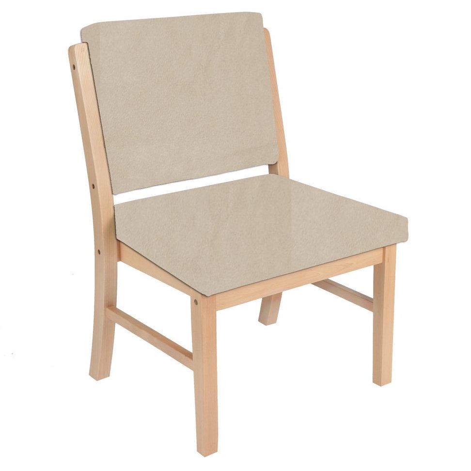 Stuhl mit Holzrahmen, beige Sitzfläche und Rückenlehne.