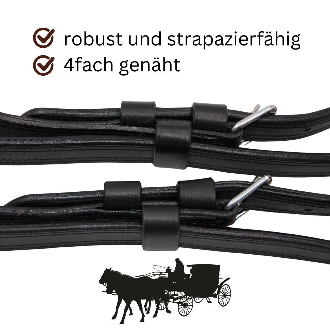 Nahaufnahme von zwei schwarzen Lederriemen mit Schnallen. Text: robust und strapazierfähig, 4fach genäht.