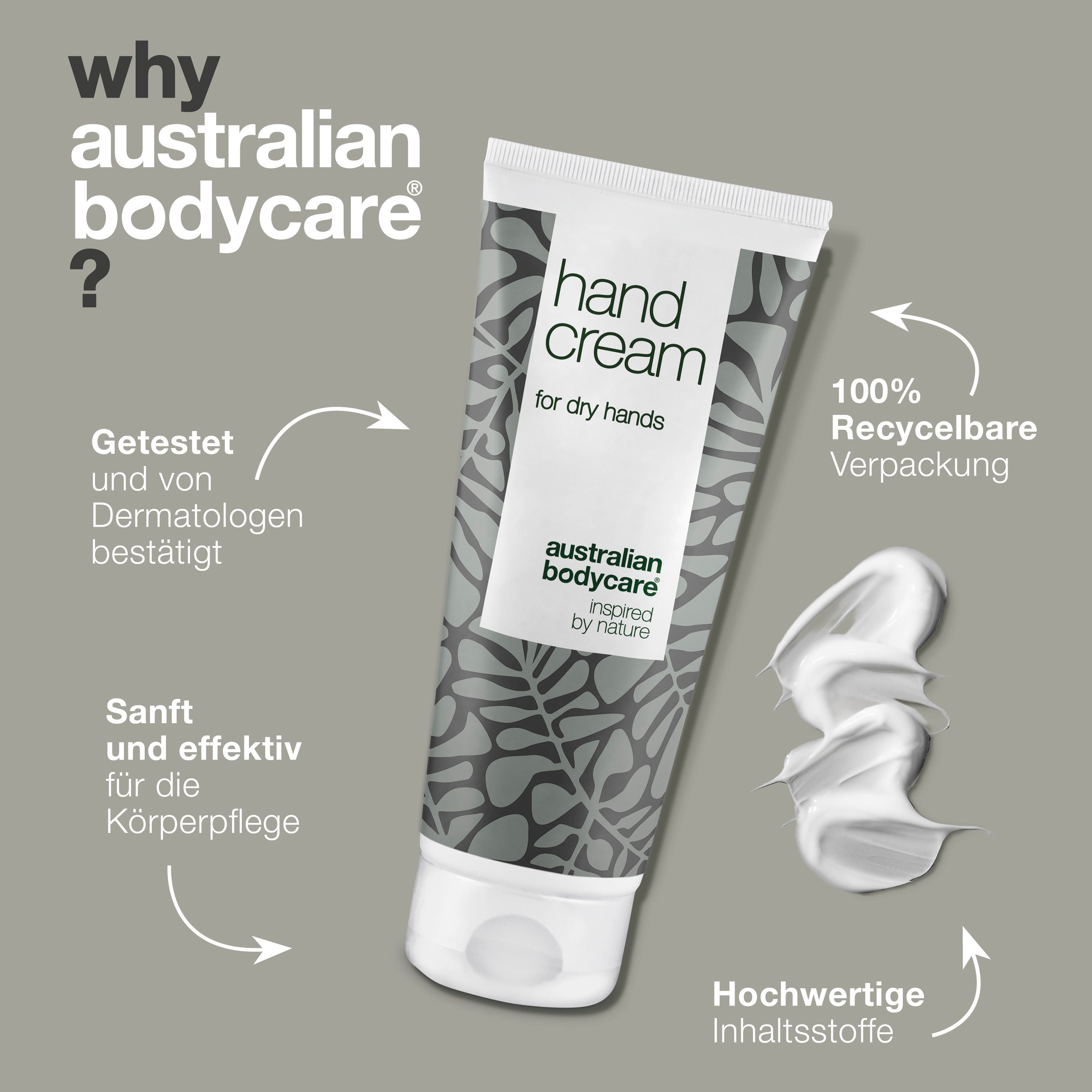 Handcreme-Tube und Text über Vorteile.