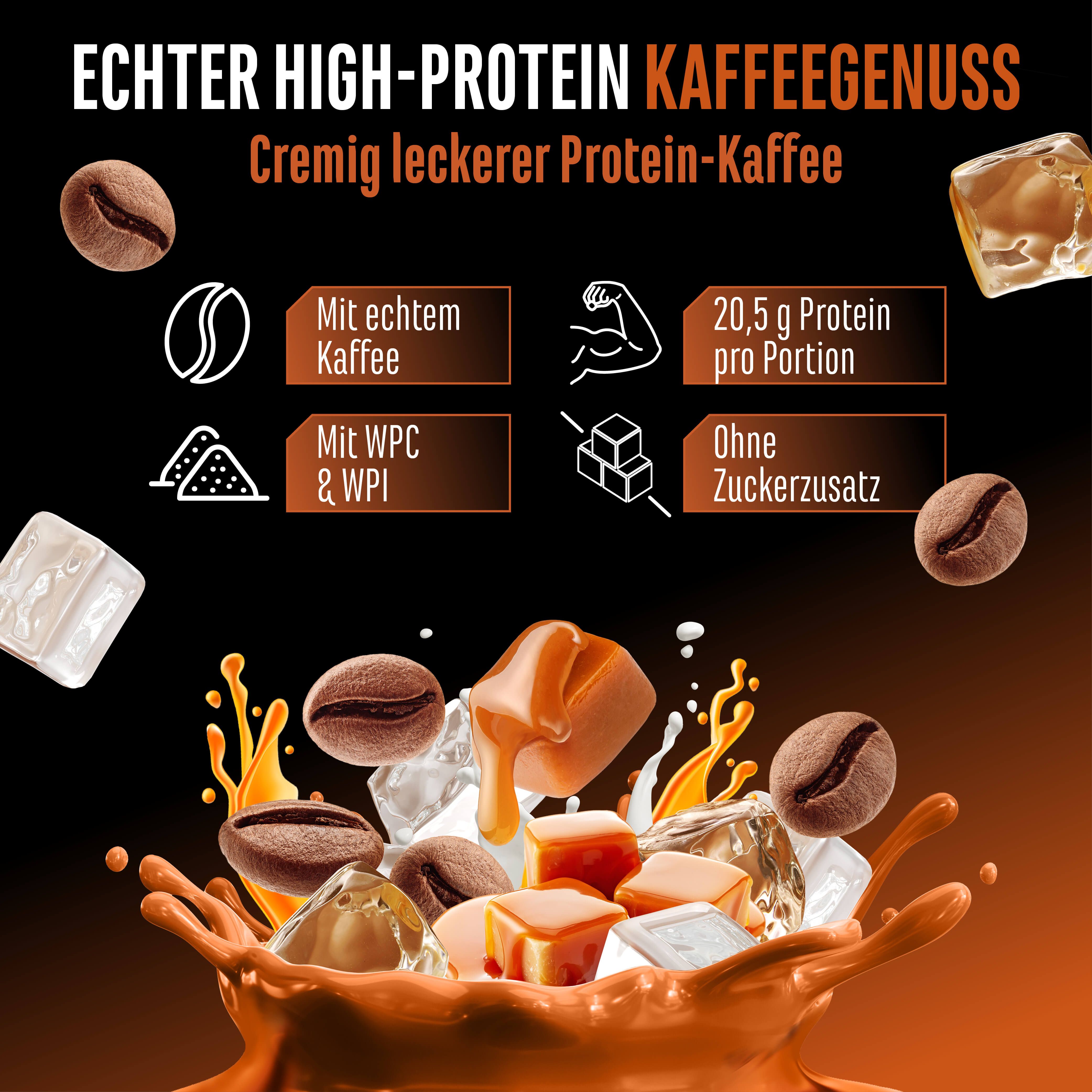 Werbebild mit Kaffee, Eiswürfeln und Produktinformationen. Zeigt 20,5g Protein pro Portion und "Ohne Zuckerzusatz".