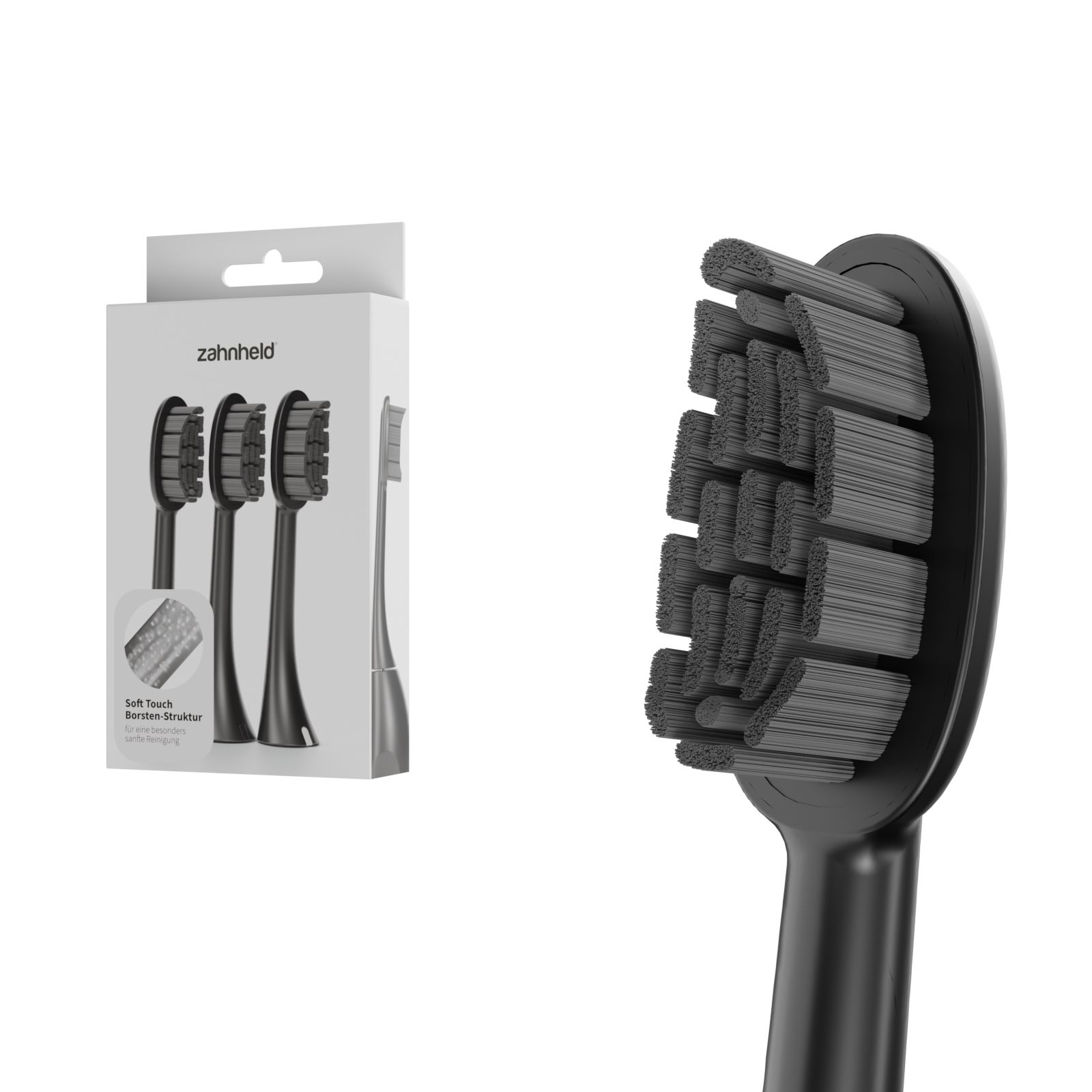 Schwarzer Bürstenkopf mit grauen Borsten, neben Verpackung mit drei Köpfen. Verpackung mit Markenlogo.
