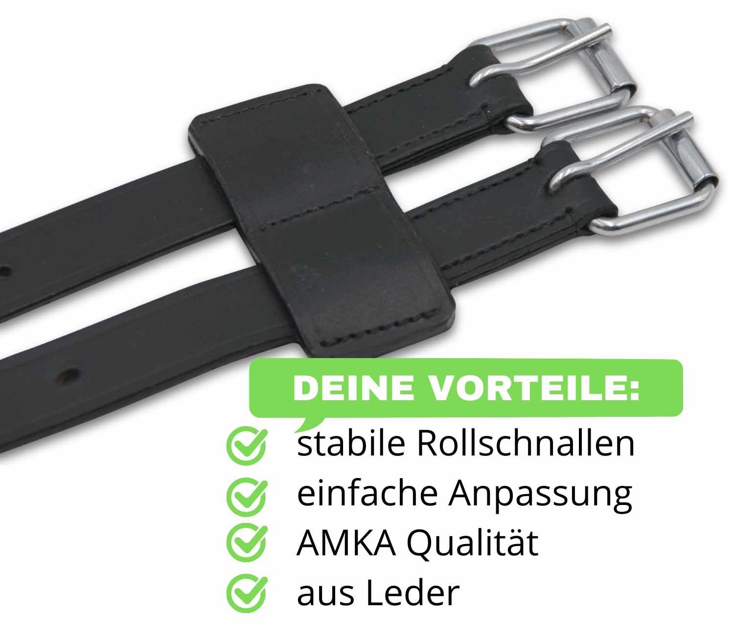 Schwarze Sattelgurtverlängerung mit zwei Schnallen. Text: stabile Rollschnallen, einfache Anpassung, AMKA Qualität, aus Leder.