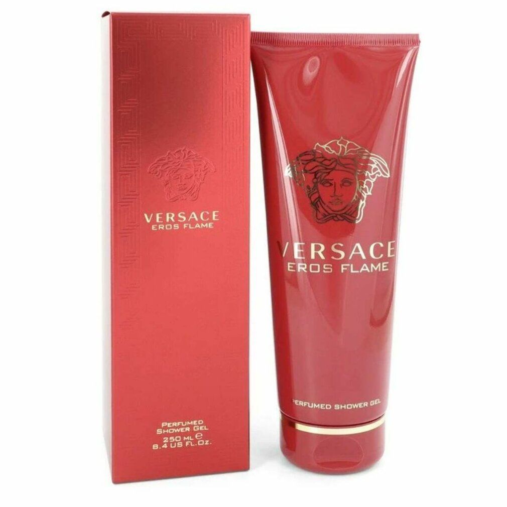 Rote Tube und Schachtel mit goldfarbenem Logo und Schriftzug Versace Eros Flame. Aufschrift: Perfumed Shower Gel.