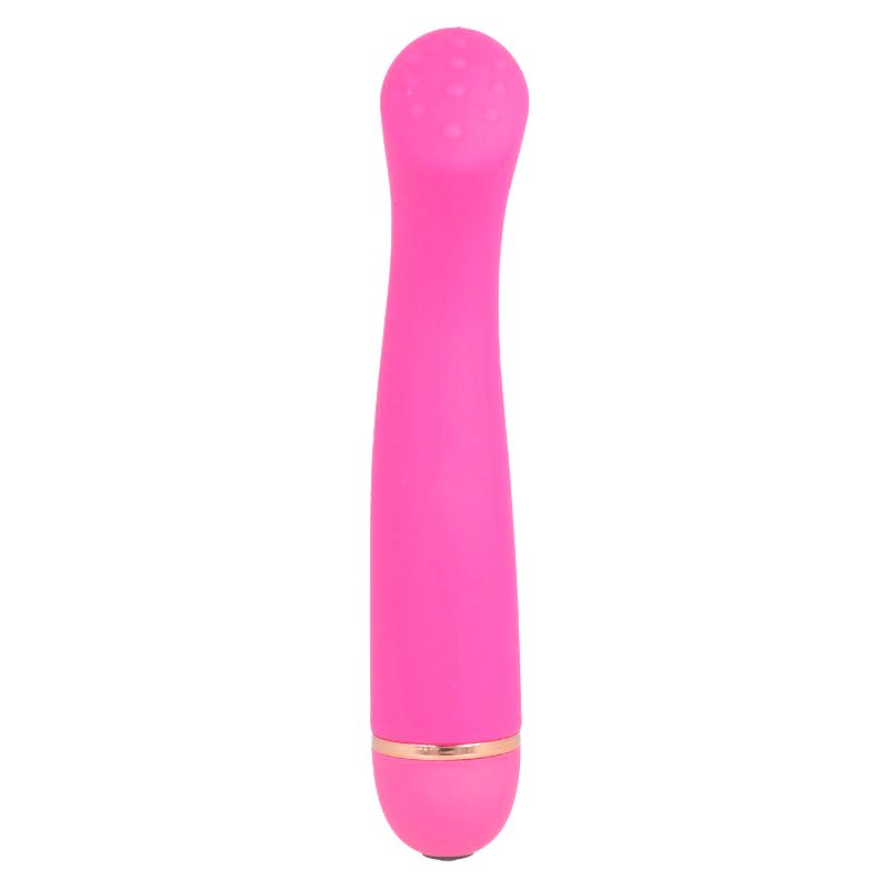 Pinkfarbener Vibrator mit gebogener Form. Die Spitze ist mit kleinen Erhebungen versehen. Goldfarbener Ring am unteren Ende.