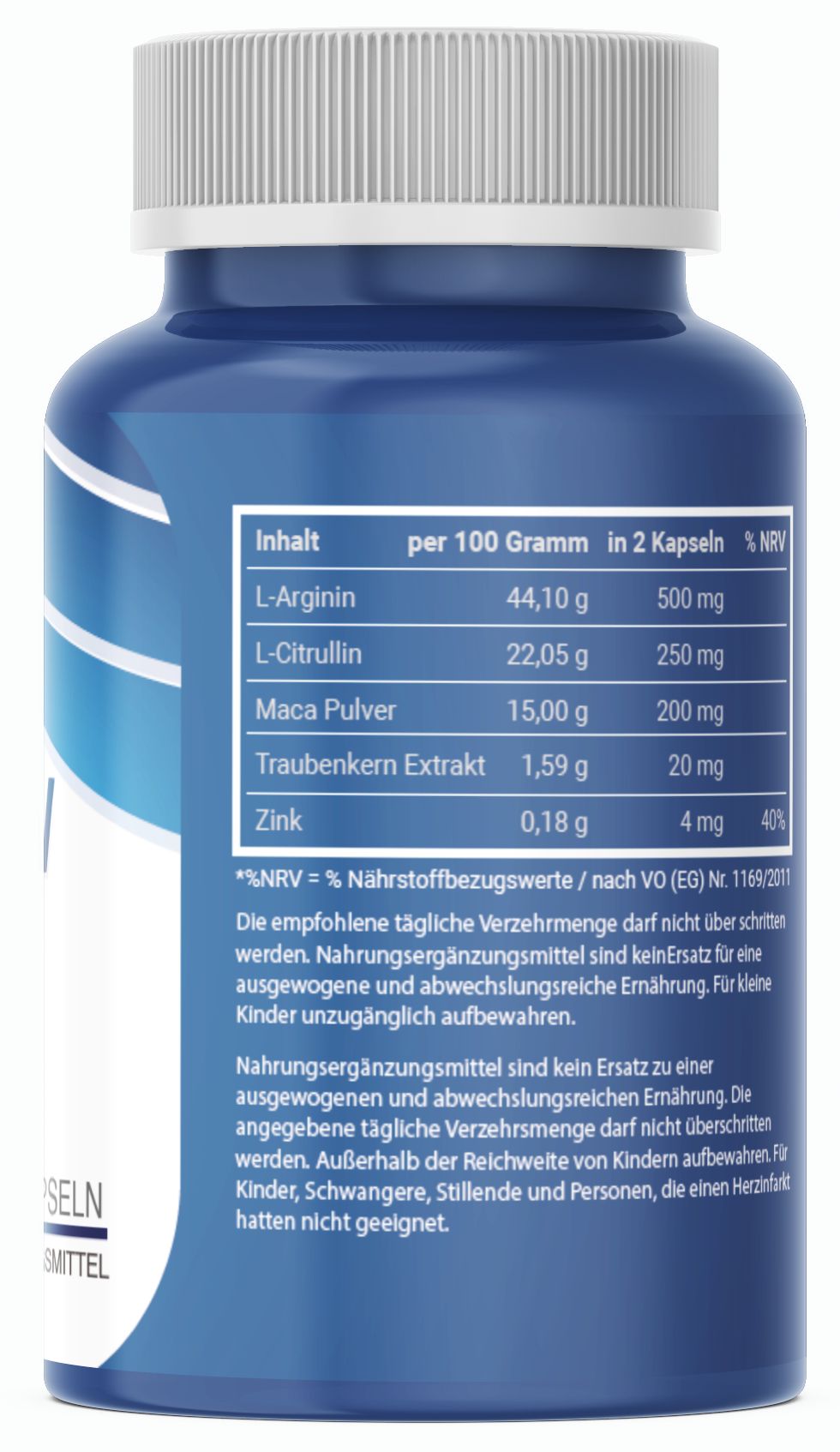Rückseite einer blauen Flasche. Enthält Zutaten wie L-Arginin, L-Citrullin, Maca-Pulver, Traubenkern Extrakt und Zink. Text in Deutsch.