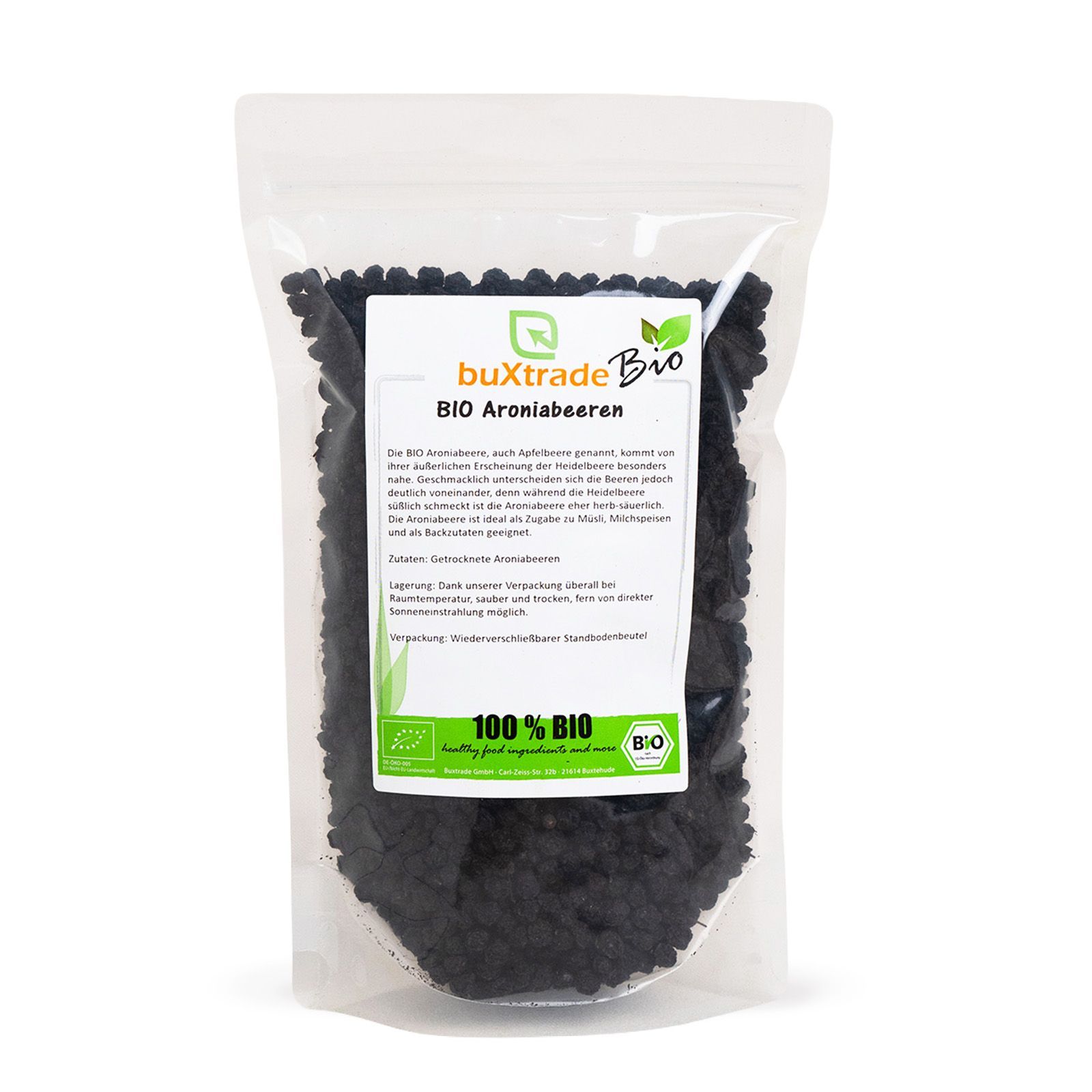 Transparente Verpackung mit buXtrade Bio Aroniabeeren. Aufdruck: 100% BIO. Grün-weißes Logo.