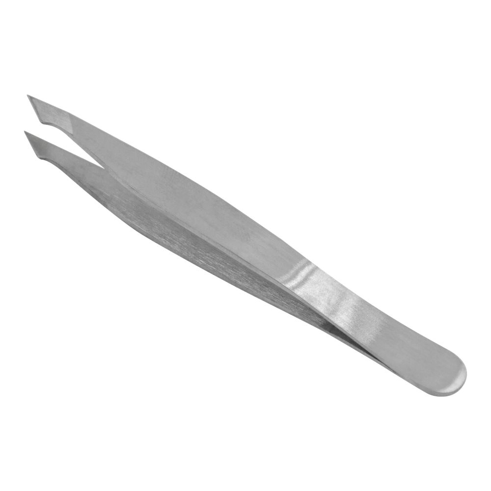 Pinzette aus Metall, leicht gebogen. Spitze Enden. Glatte Oberfläche. Auf weißem Hintergrund.