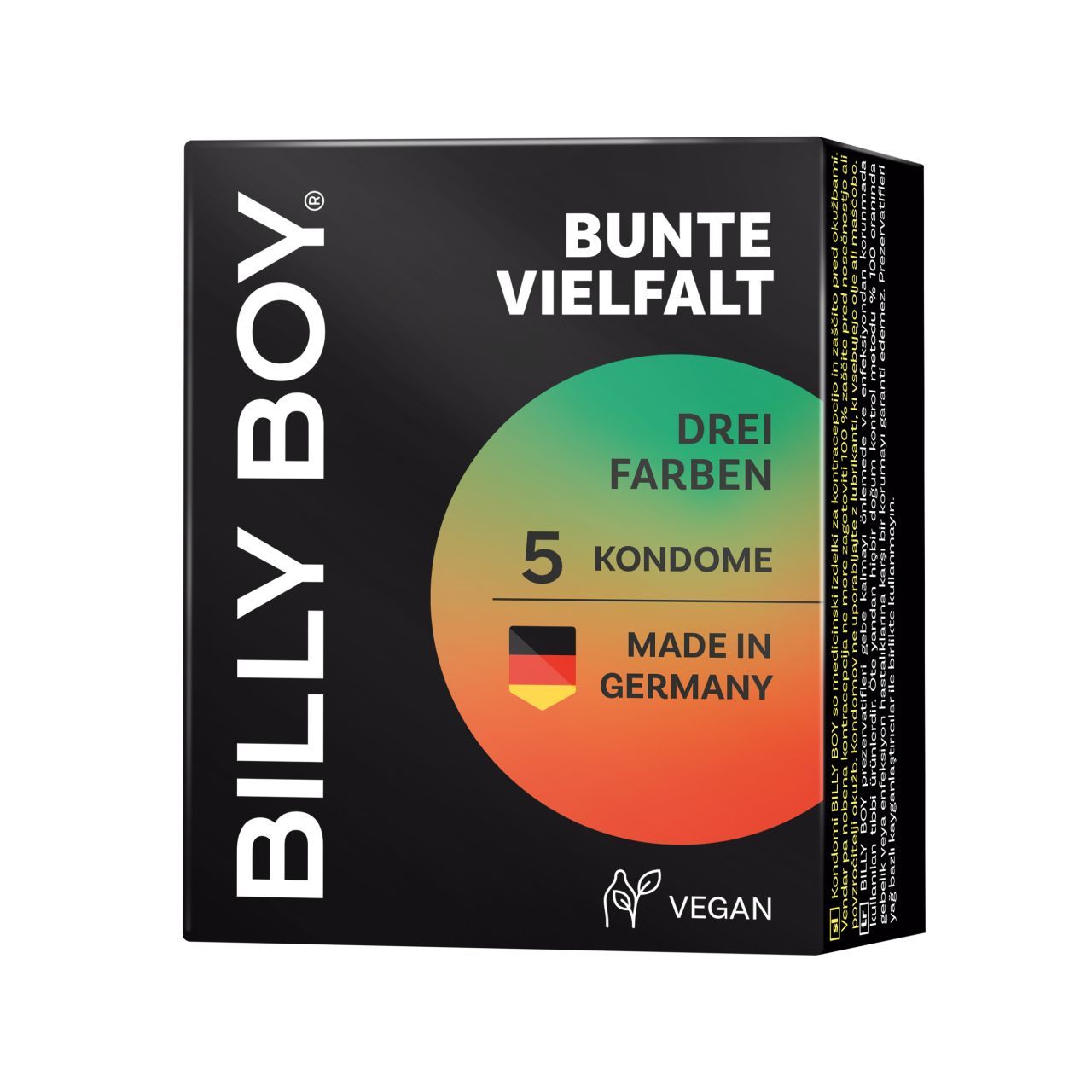 Packung BILLY BOY Kondome, 5 Stück, bunte Vielfalt, 3 Farben, Made in Germany, Vegan.