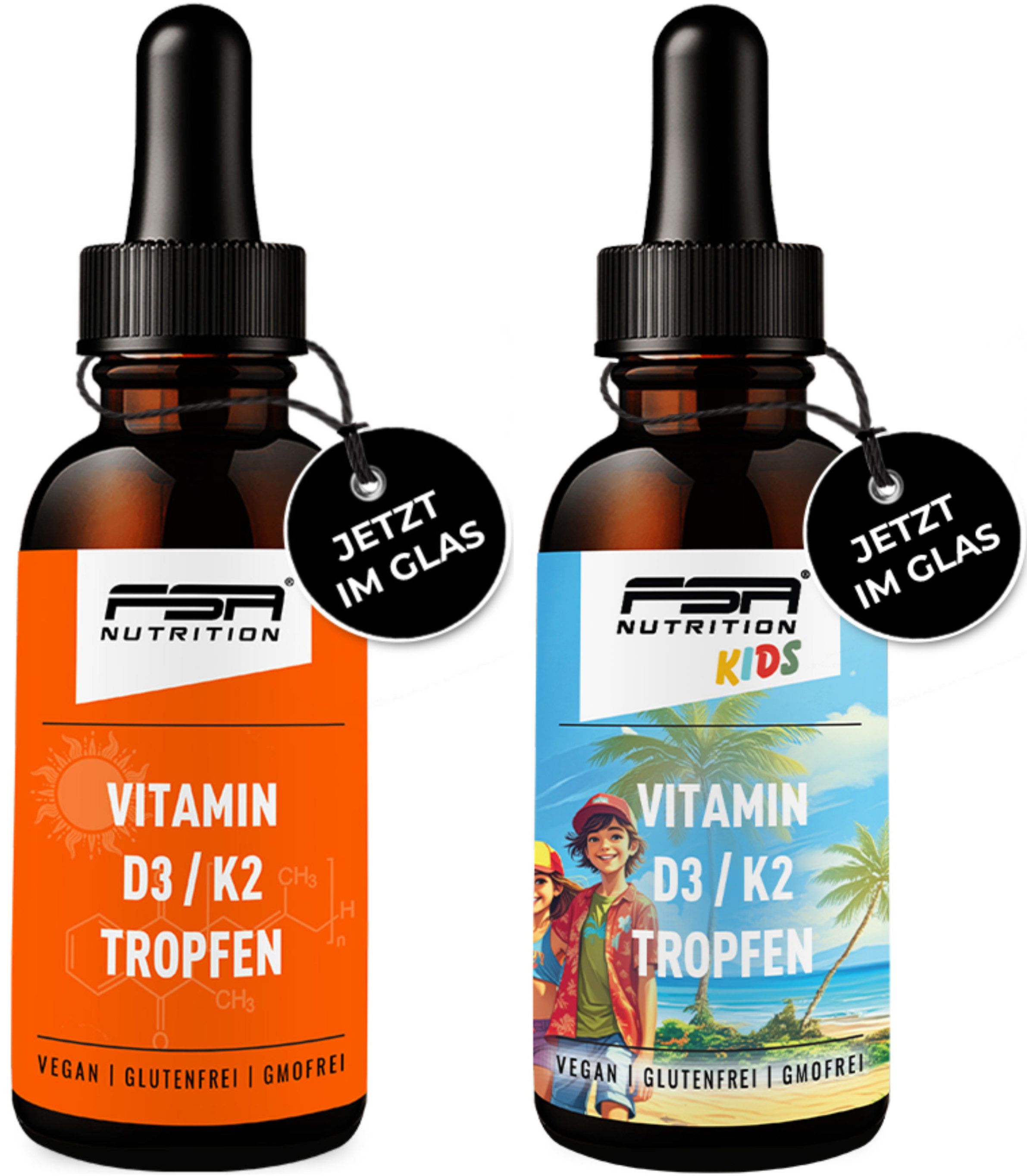 Zwei braune Glasflaschen mit schwarzen Pipetten. Aufschrift: FSA Nutrition, Vitamin D3/K2 Tropfen. Vegan, glutenfrei, Gmofrei. Anhänger: Jetzt im Glas.
