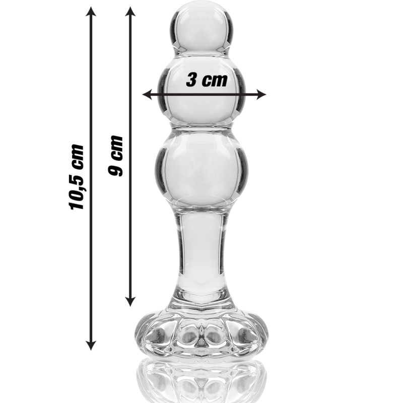 Klarer Glasanalplug, 9 cm lang, 3 cm breit. Mit drei Kugeln und breiter Basis.
